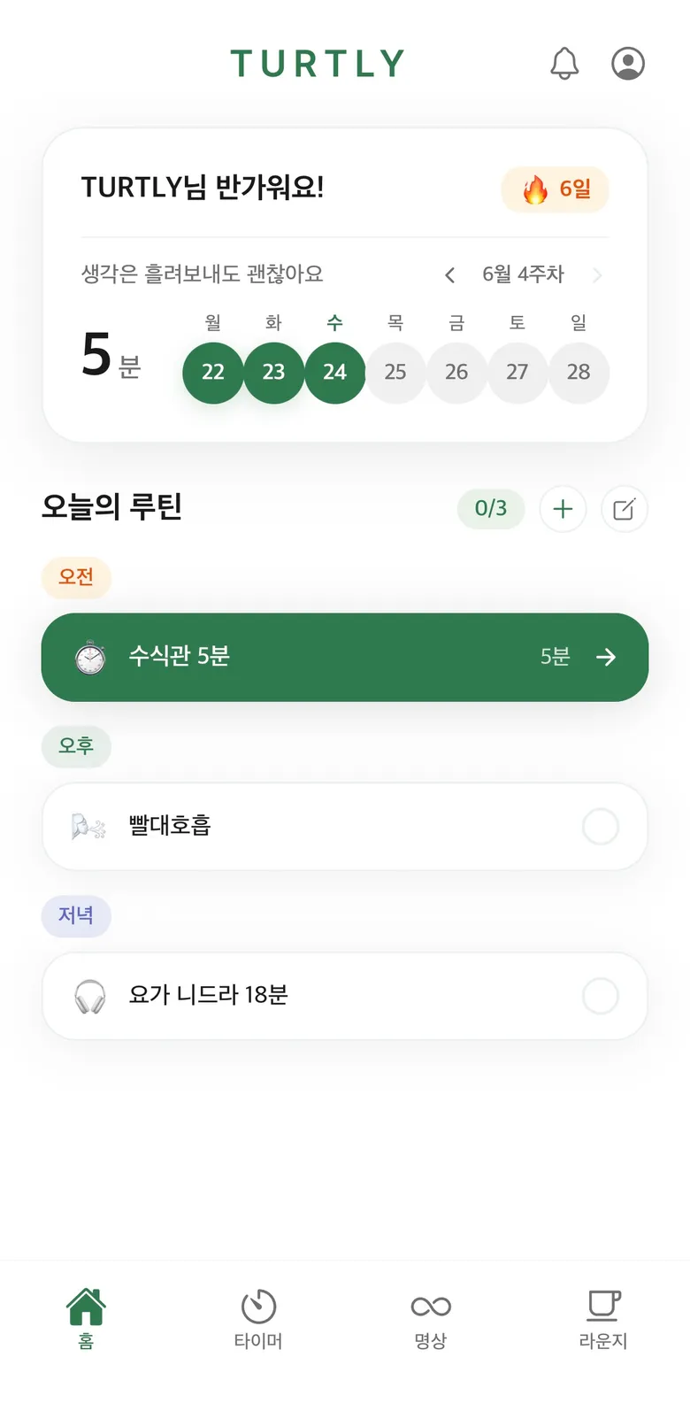 터틀리 홈 화면 - 오늘의 루틴